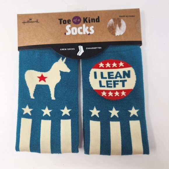 Hallmark Toe Of A Kind Crew Socks "I Lean Left" Patriotic Donkey - Picture 1 of 7